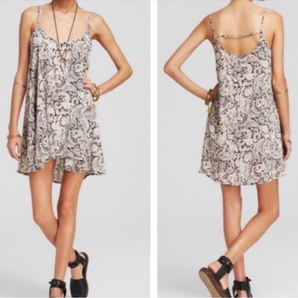 Free People Cream and Black Printed Slip Dress